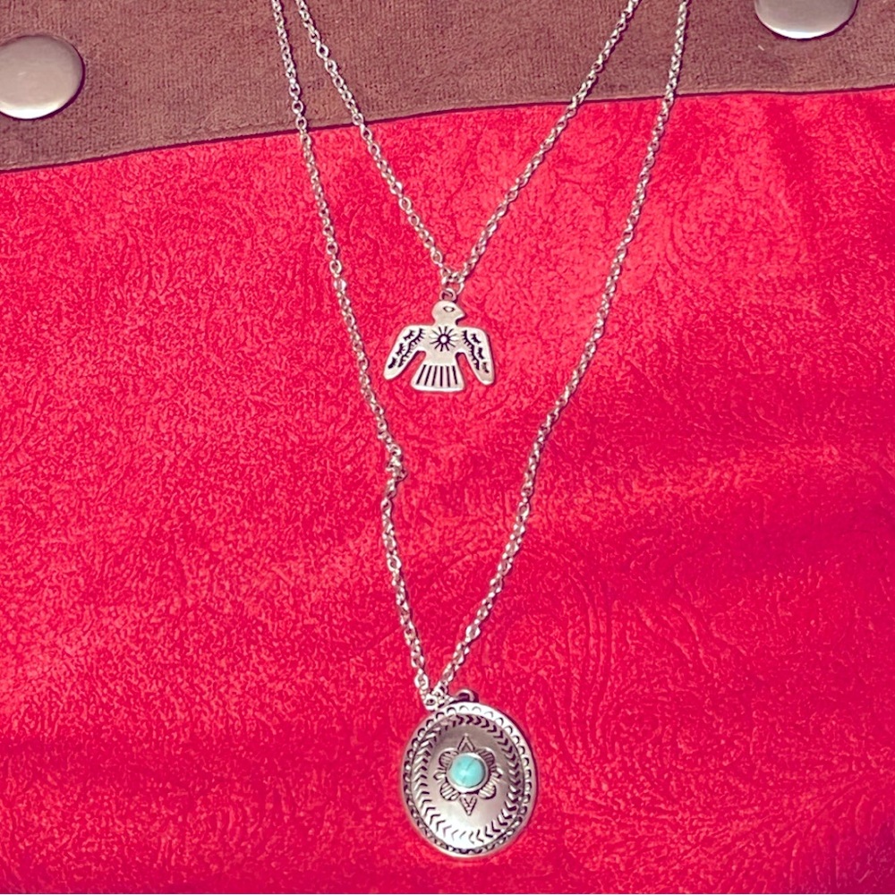 Two tier silver thunderbird southwest inspired turquoise necklace